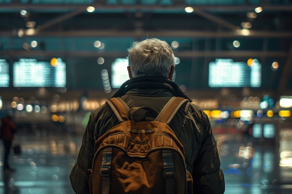 Senior traveler stand backpack airport adult.