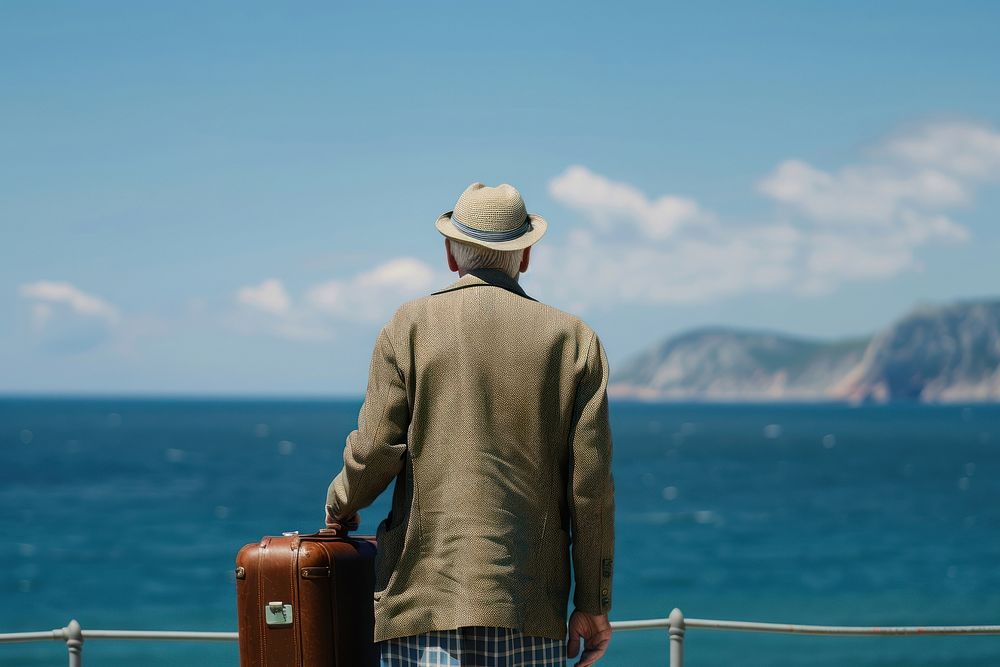 Senior traveler stand outdoors luggage adult.