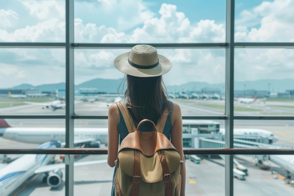 Woman traveler stand airport airplane vehicle.