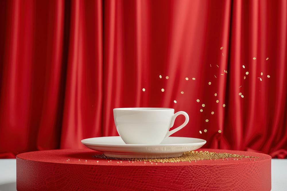 Coffee cup plate mockup tablecloth beverage saucer.