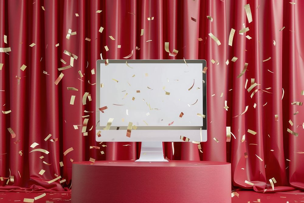 Computer mockup confetti celebrating person.