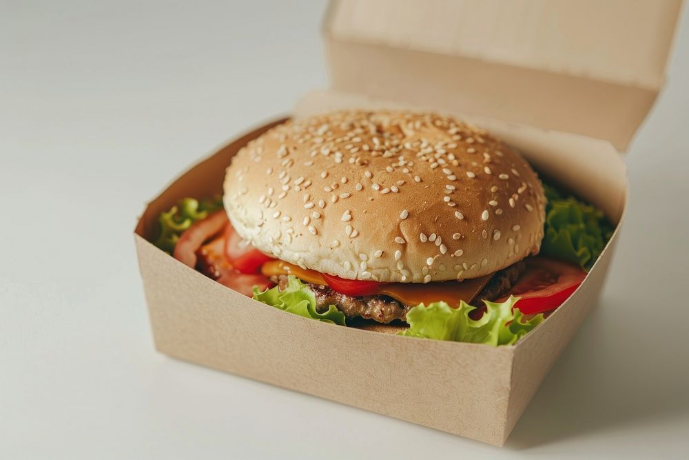 Burger box mockup ketchup food food presentation.