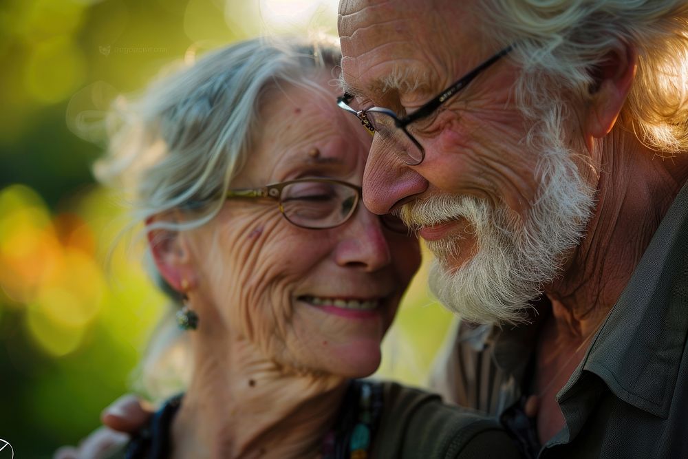 Happy white senior couple laughing portrait glasses.
