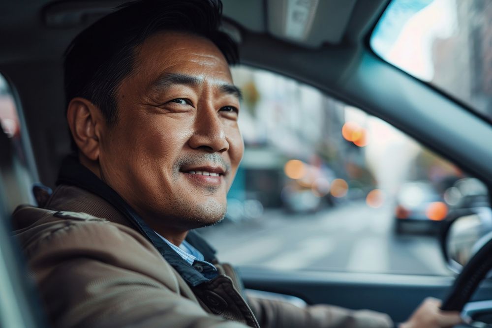 Asian man driving a car vehicle adult happy.