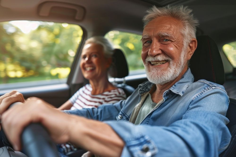 Senior couple driving a car vehicle adult happy.