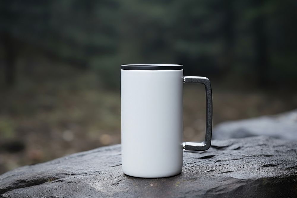 Stainless steel mug mockup beverage coffee drink.