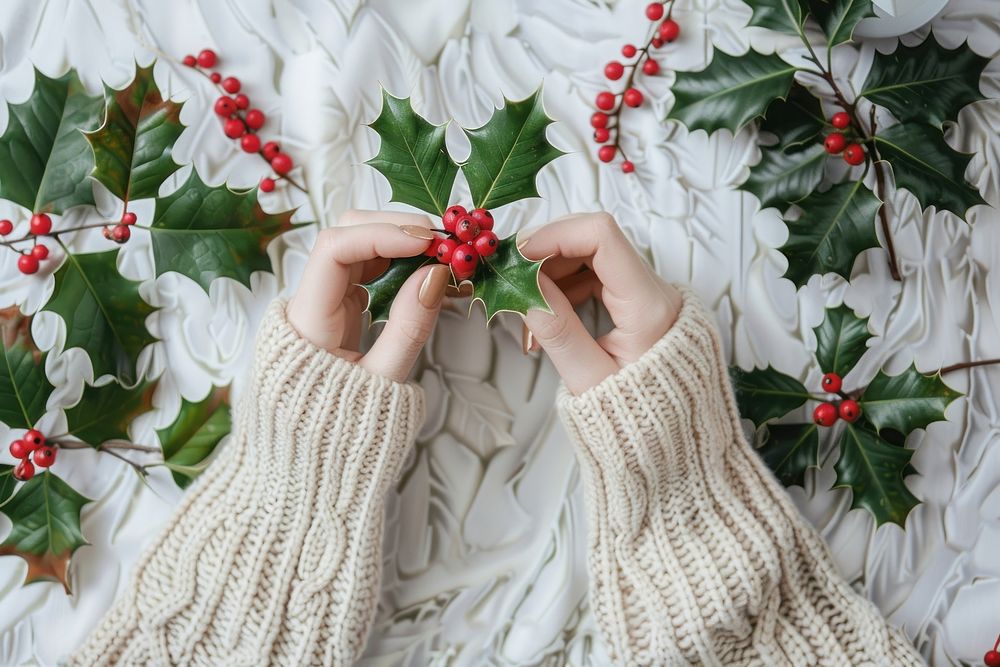Women sweater hands holding holly christmas plant leaf.