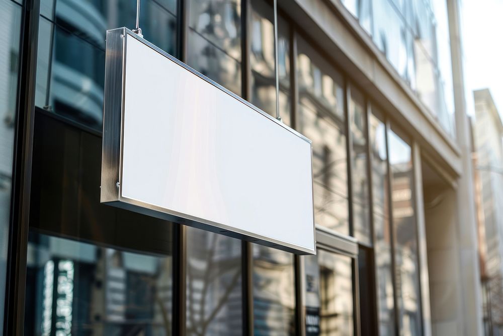 Rectangle sign hanging building mockup outdoor architecture electronics indoors.