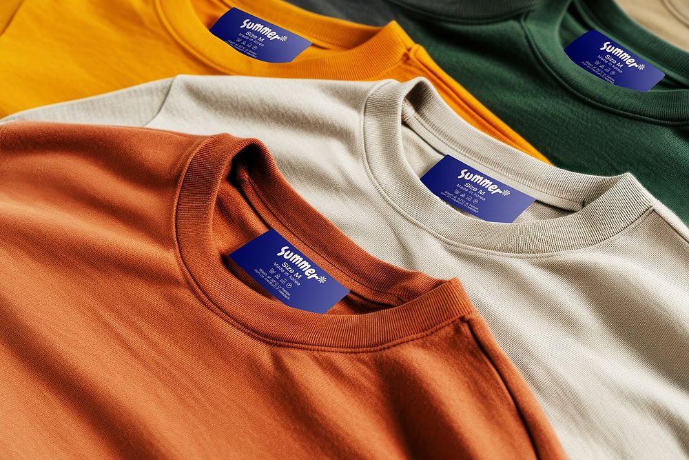 t-shirts with blue labels closeup