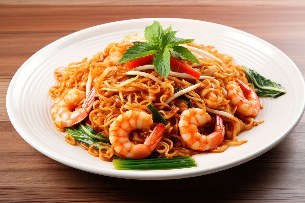 Thai Fried Noodle with Prawns noodle spaghetti plate.