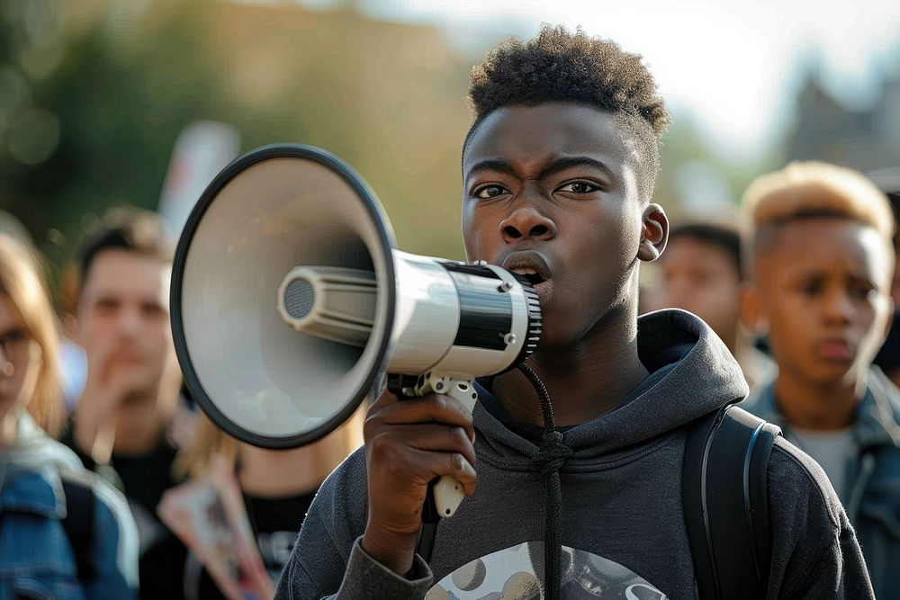 Black teenager using megaphone appliance shouting person.