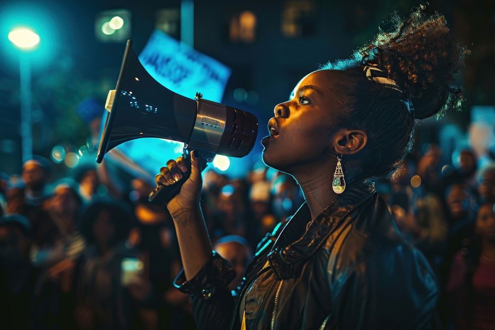 Black woman using megaphone performer shouting person.