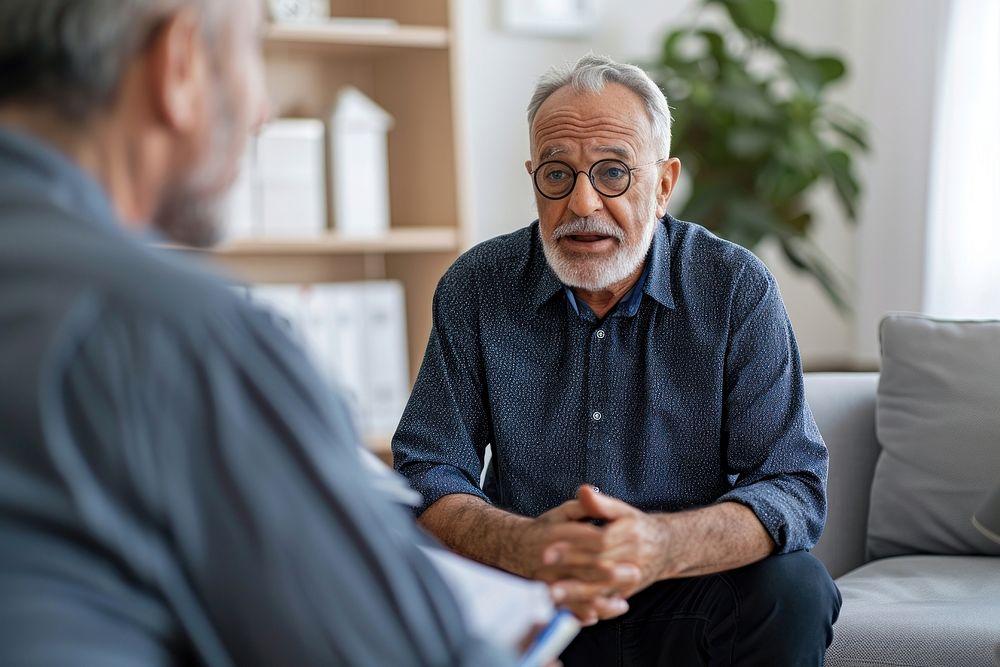Depression middle age man talking with therapist conversation person adult.