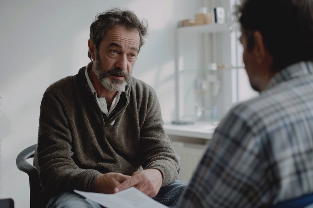 Depression middle age man talking with therapist conversation worried person.