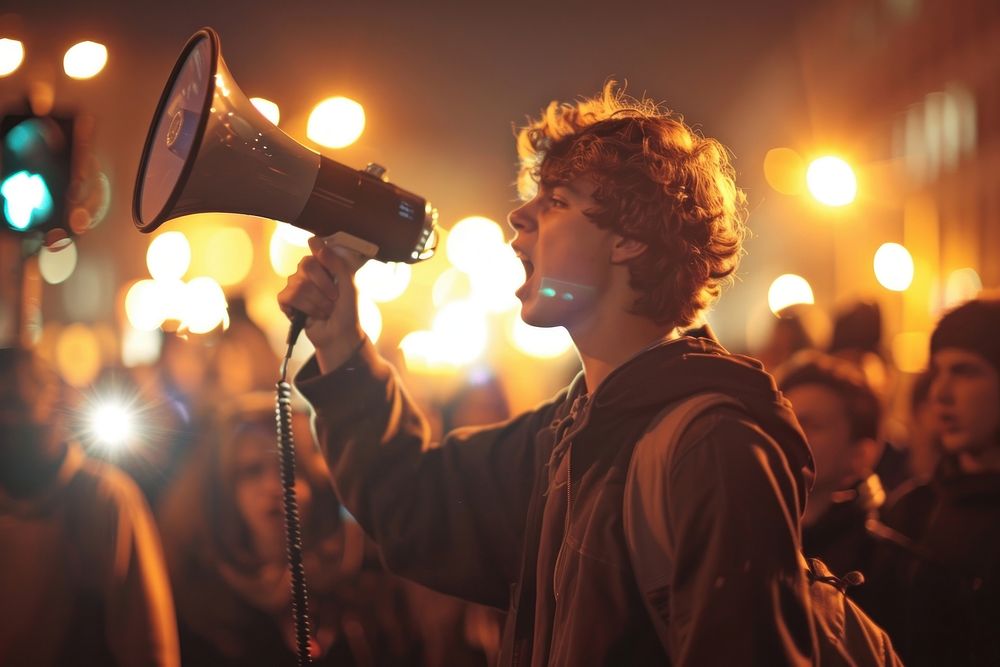 White teenager using megaphone shouting person human.