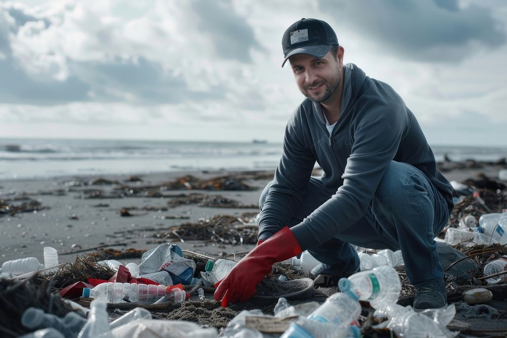 American man volunteering garbage clothing footwear.