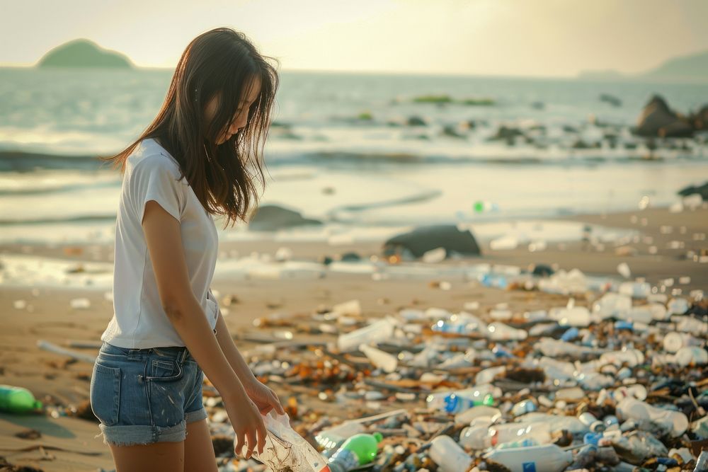Asian teenager volunteering garbage beachwear clothing.