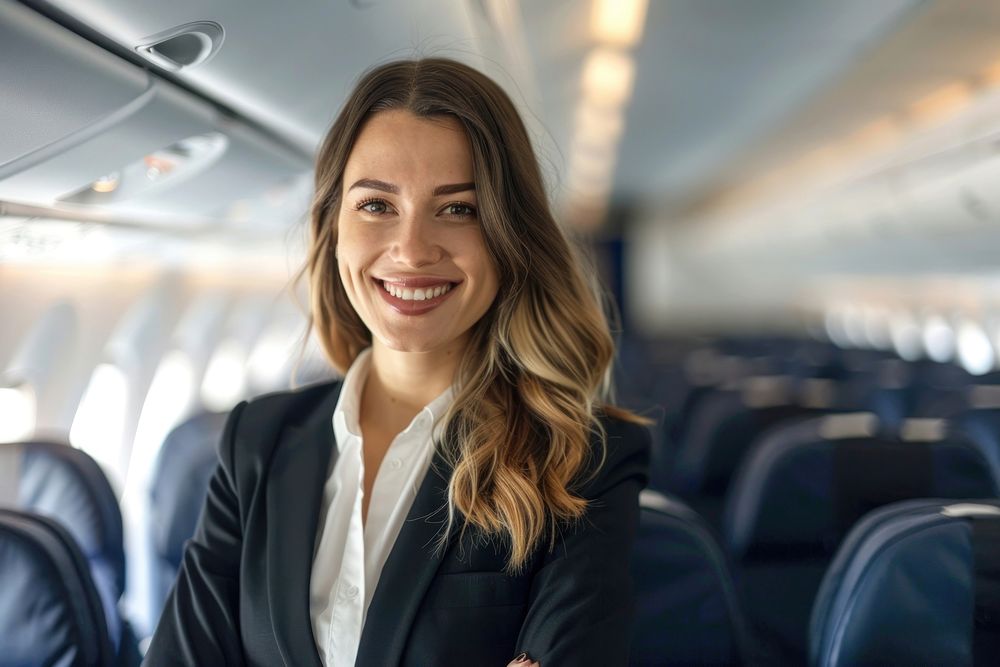 Business woman smilling airplane vehicle adult.