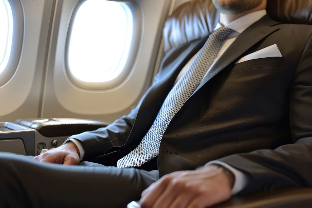 Business man with airplane business class vehicle adult seat.