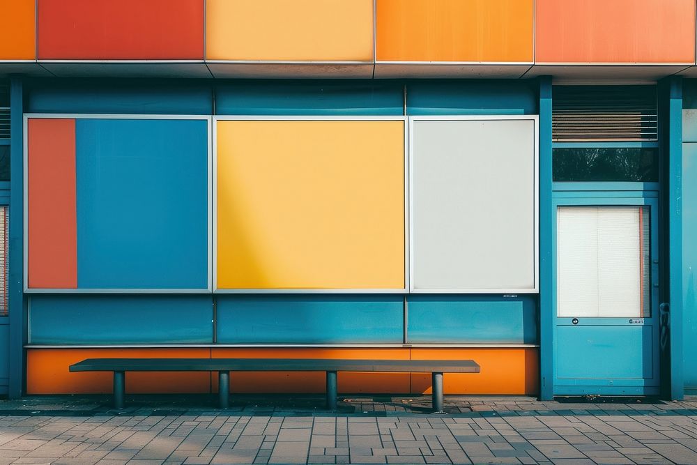 Colorful sign mockups furniture outdoors bench.