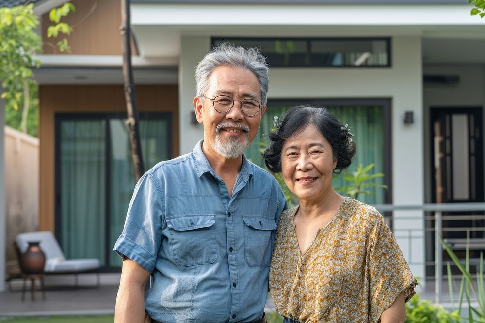 Happy senior asian couple glasses adult house.