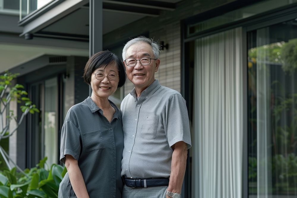 Happy senior asian couple portrait glasses adult.