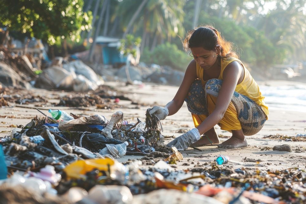 Indian woman volunteering garbage clothing apparel.