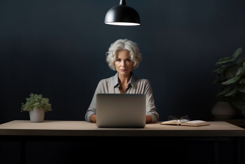 Middle age woman sitting publication electronics.