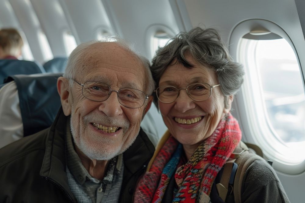 Senior couple smilling airplane portrait glasses.