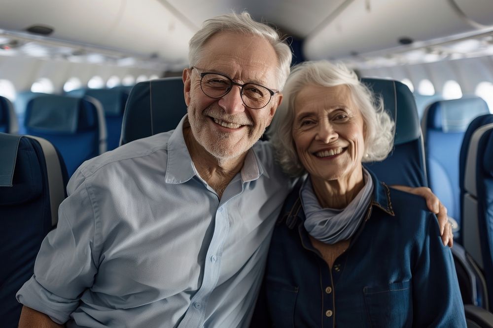 Senior couple smilling airplane vehicle glasses.