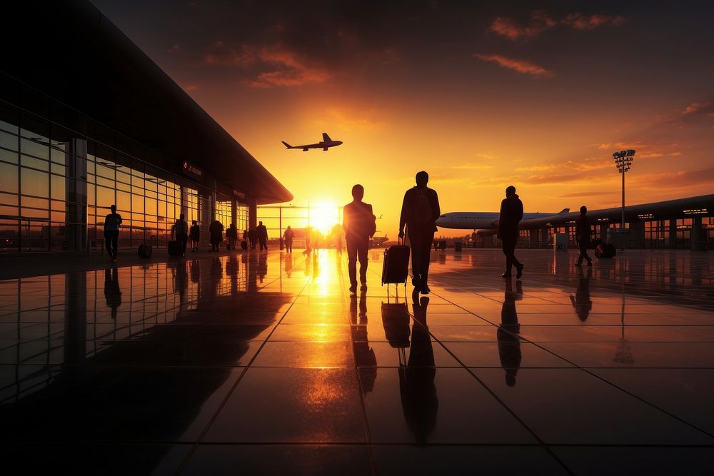 People walking silhouette airport transportation.
