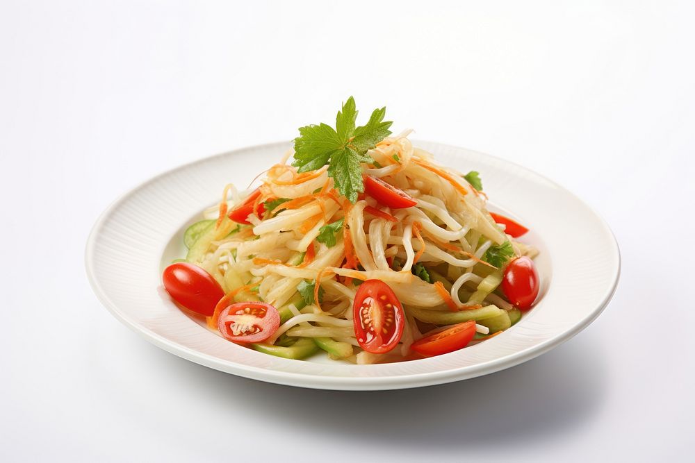 Spicy Green Papaya Salad spaghetti noodle plate.