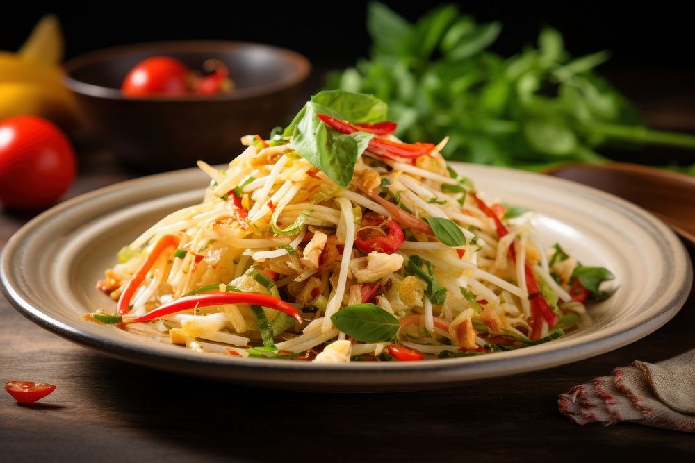 Spicy Green Papaya Salad vegetable produce noodle.