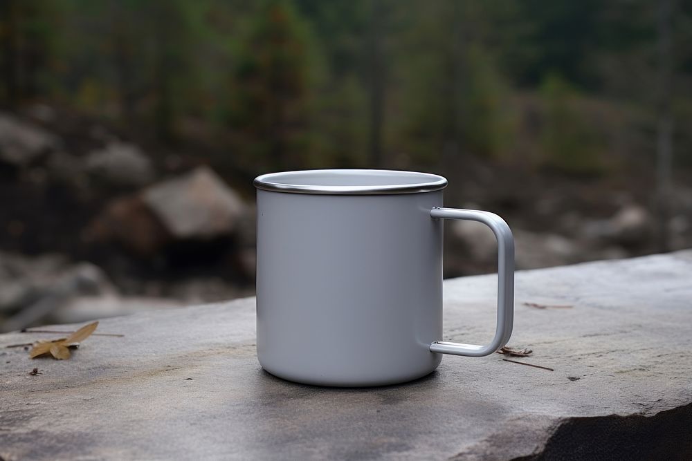 Enamel mug mockup cookware beverage coffee.