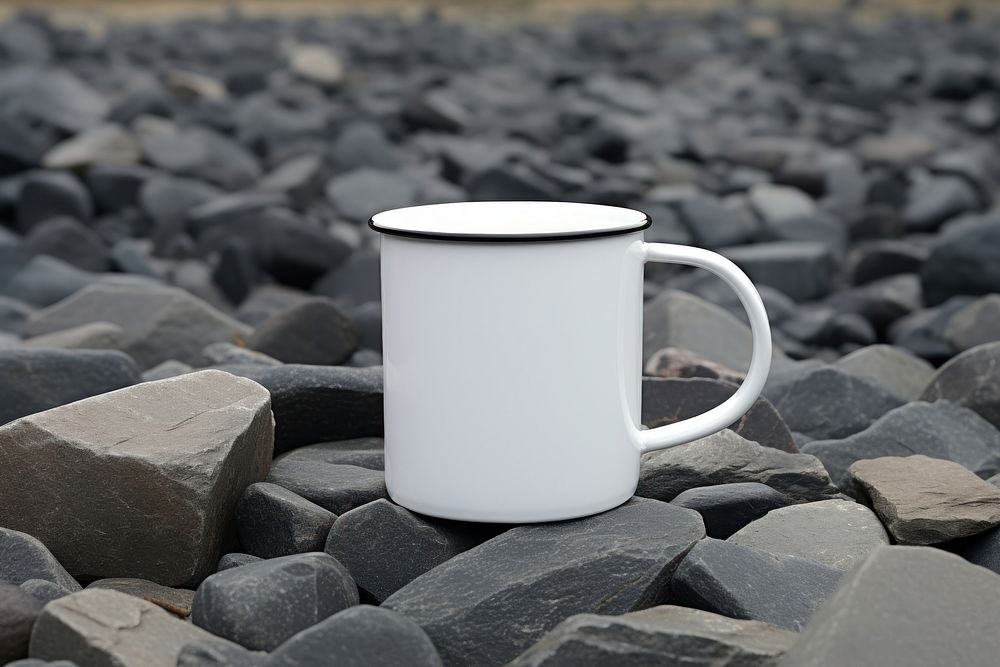 Enamel mug mockup rock porcelain beverage.
