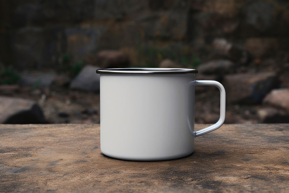 Enamel mug mockup porcelain cookware beverage.