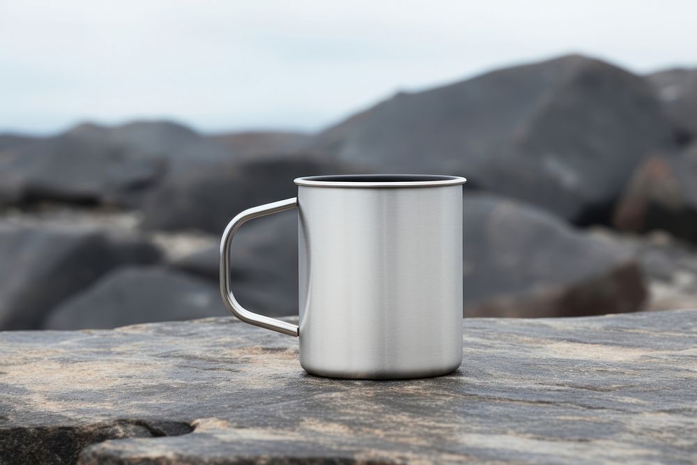 Stainless steel mug mockup rock beverage coffee.