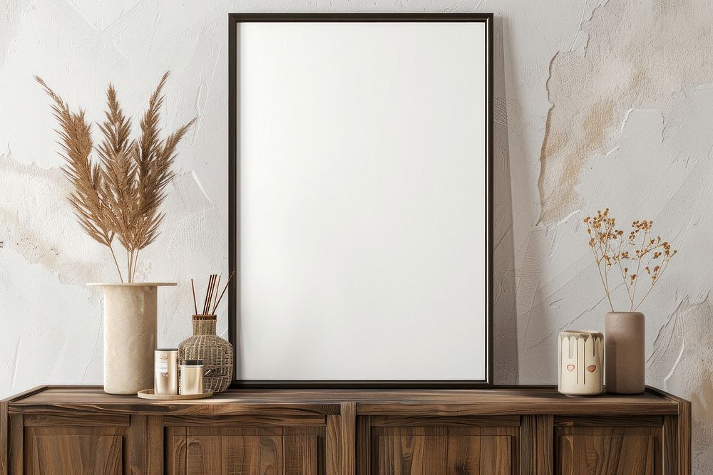 Blank framed photo mockup cabinet furniture mirror.