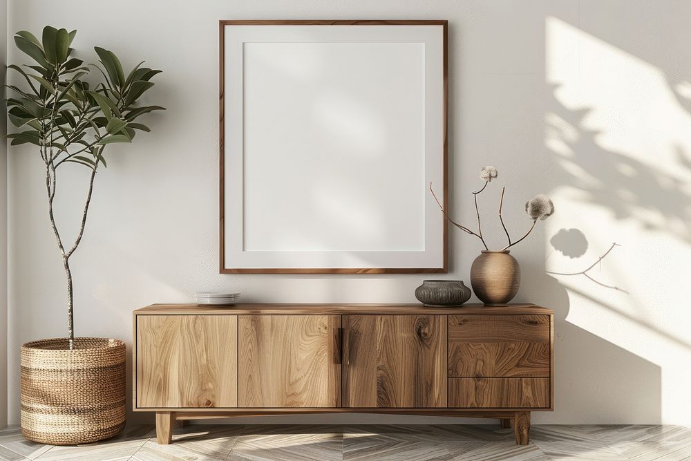 Blank framed photo mockup wood furniture sideboard.