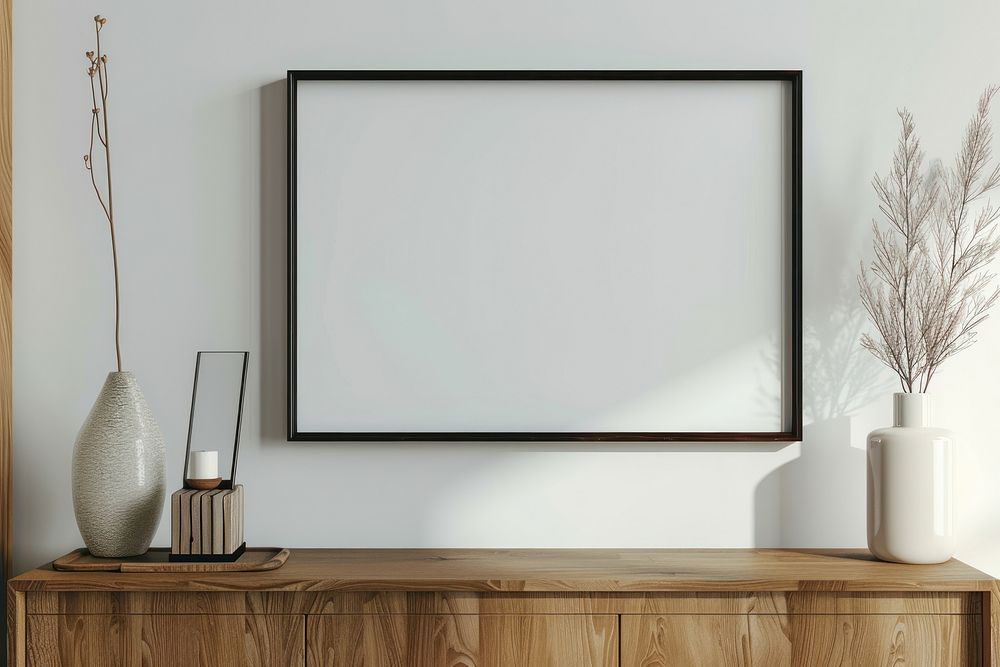 Blank framed photo mockup electronics furniture sideboard.