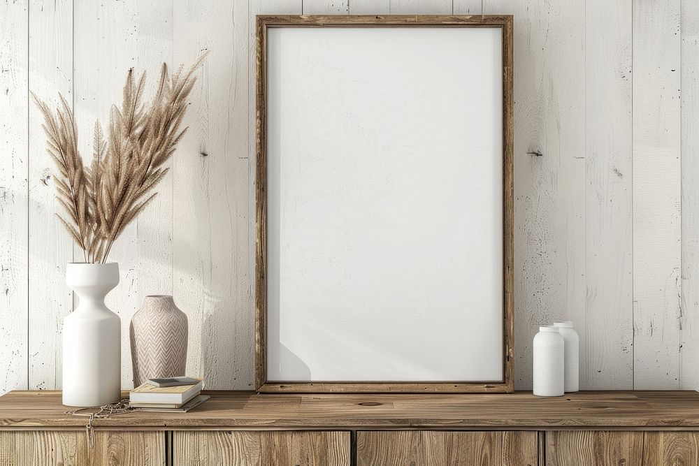 Blank framed photo mockup mirror plant white board.