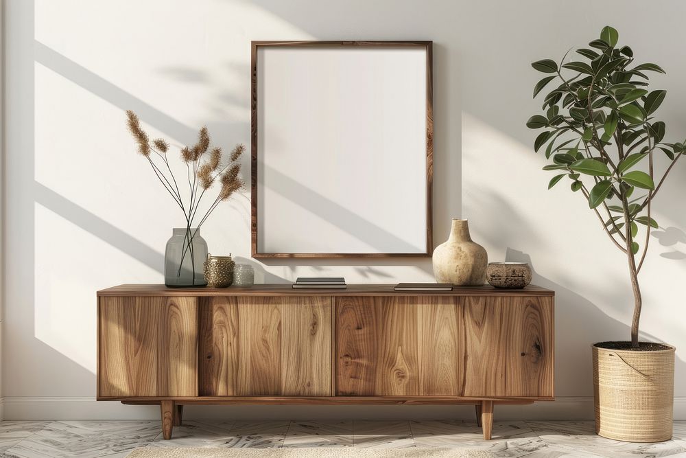 Blank framed photo mockup cabinet wood furniture.