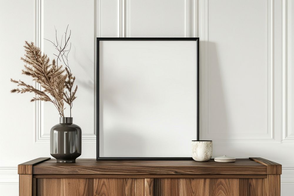 Blank framed photo mockup cabinet furniture indoors.