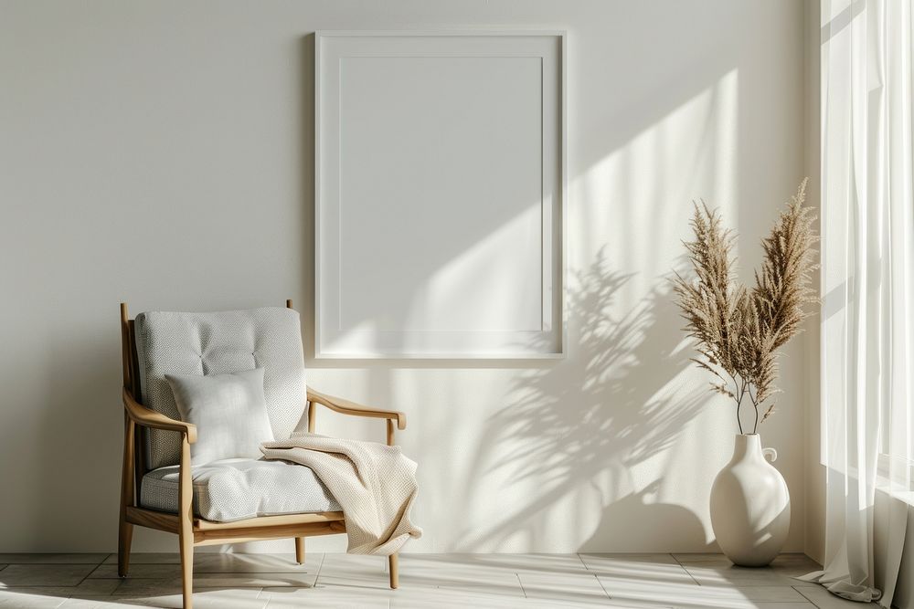 Blank framed photo mockup armchair furniture indoors.