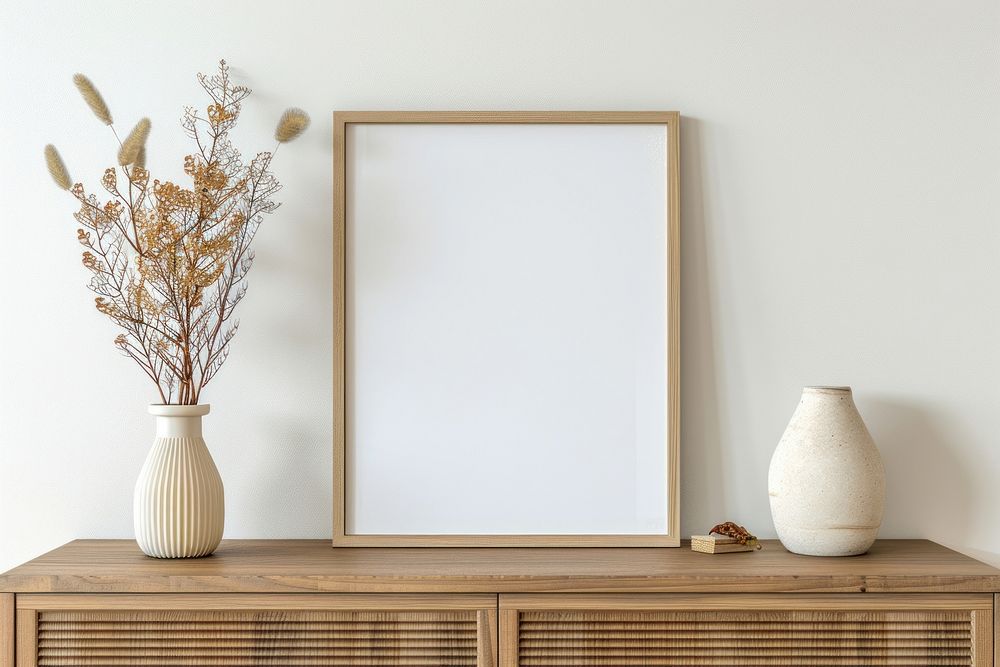 Blank framed photo mockup furniture mirror plant.