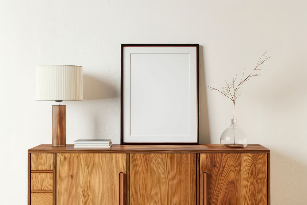 Blank framed photo mockup cabinet wood furniture.