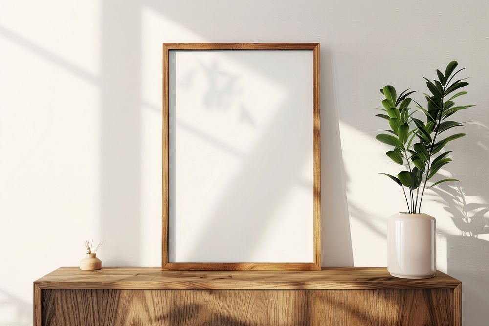 Blank framed photo mockup wood mirror plant.