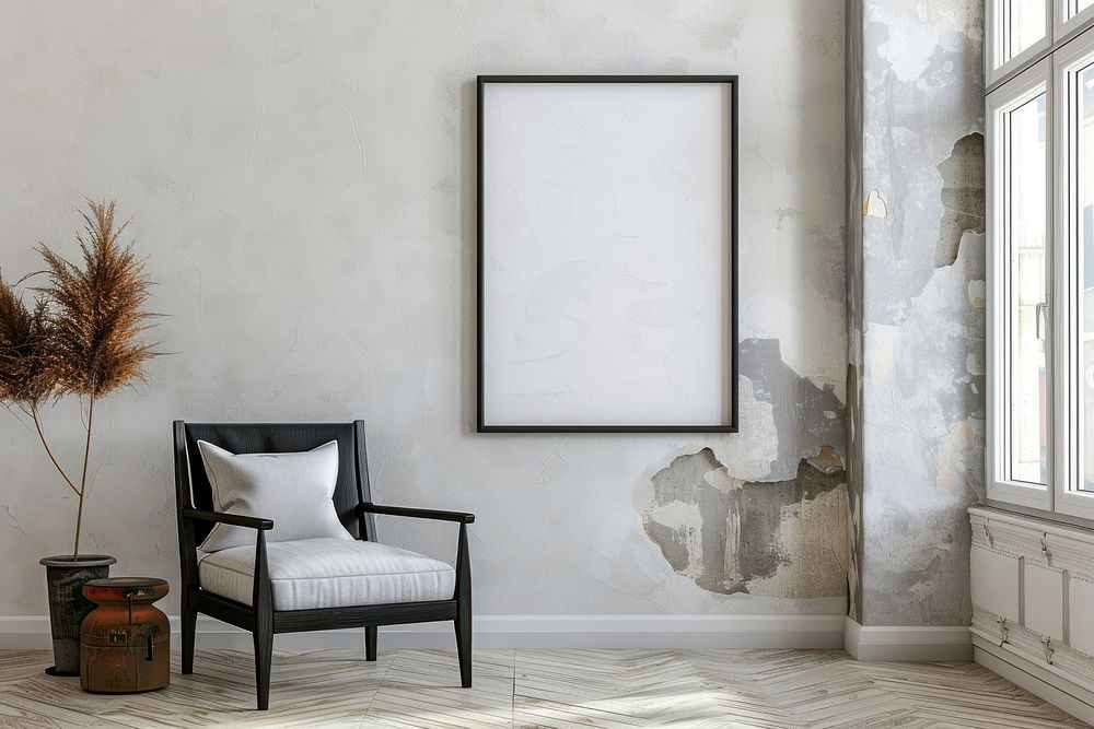 Blank framed photo mockup chair wall architecture.