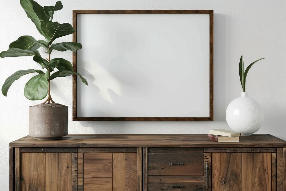 Blank framed photo mockup cabinet publication furniture.