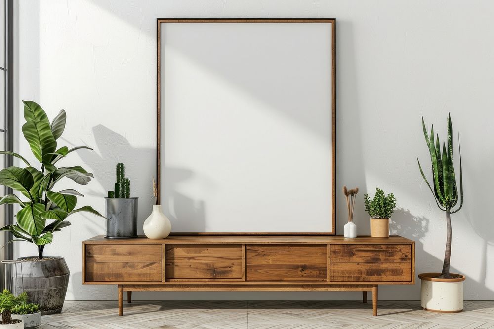 Blank framed photo mockup cabinet furniture sideboard.